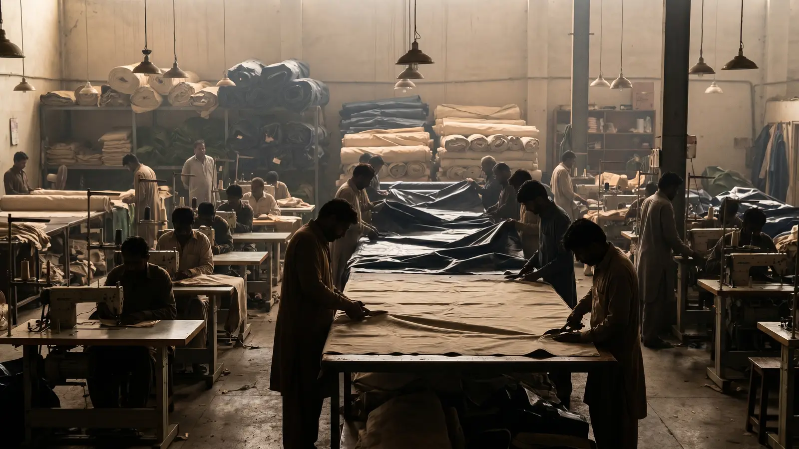 BNC Karachi factory floor — workers cutting and sewing heavy cotton canvas and PVC-coated tarpaulin on industrial sewing lines