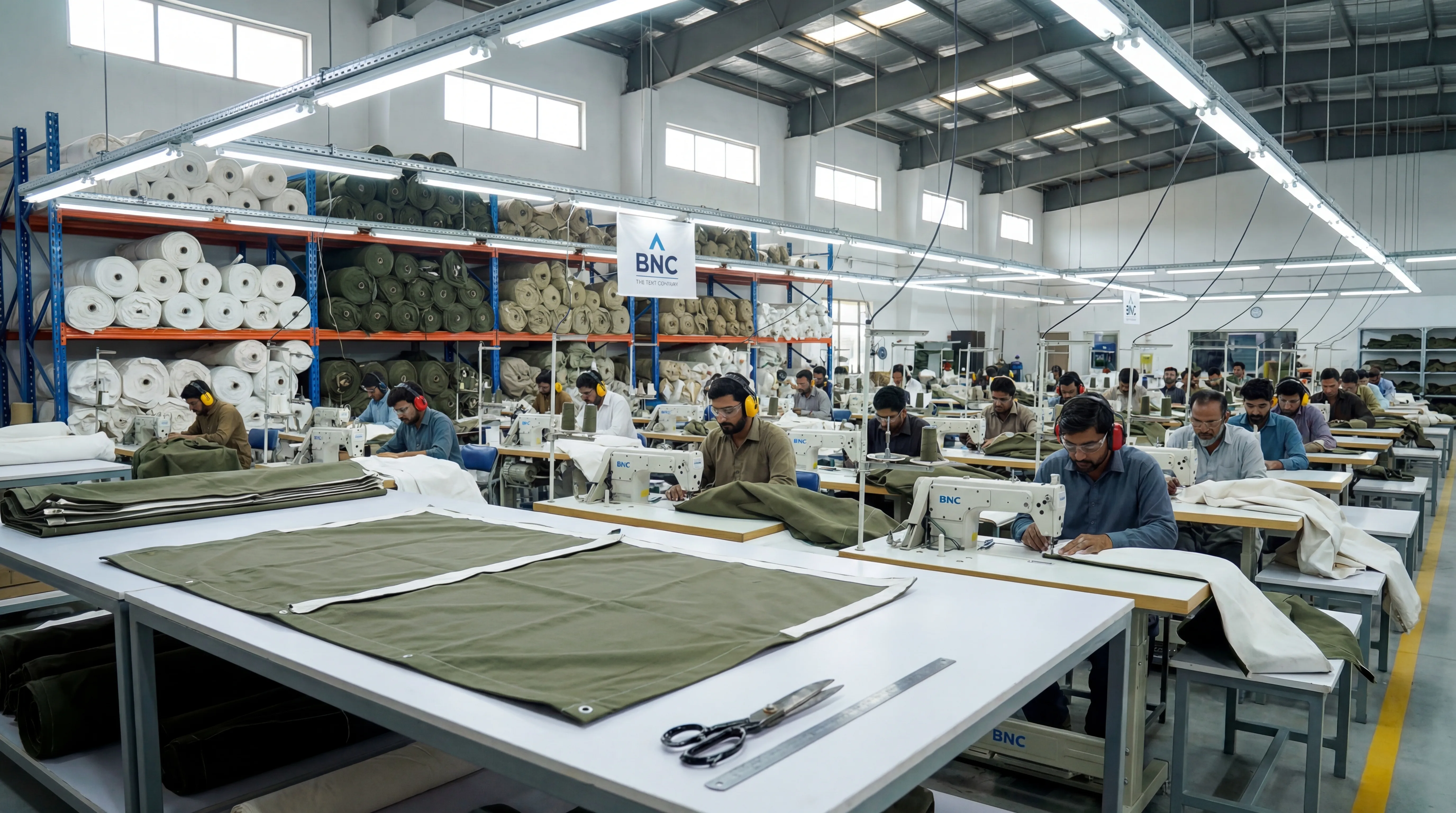 BNC tent manufacturing facility in Karachi Pakistan showing industrial production capability