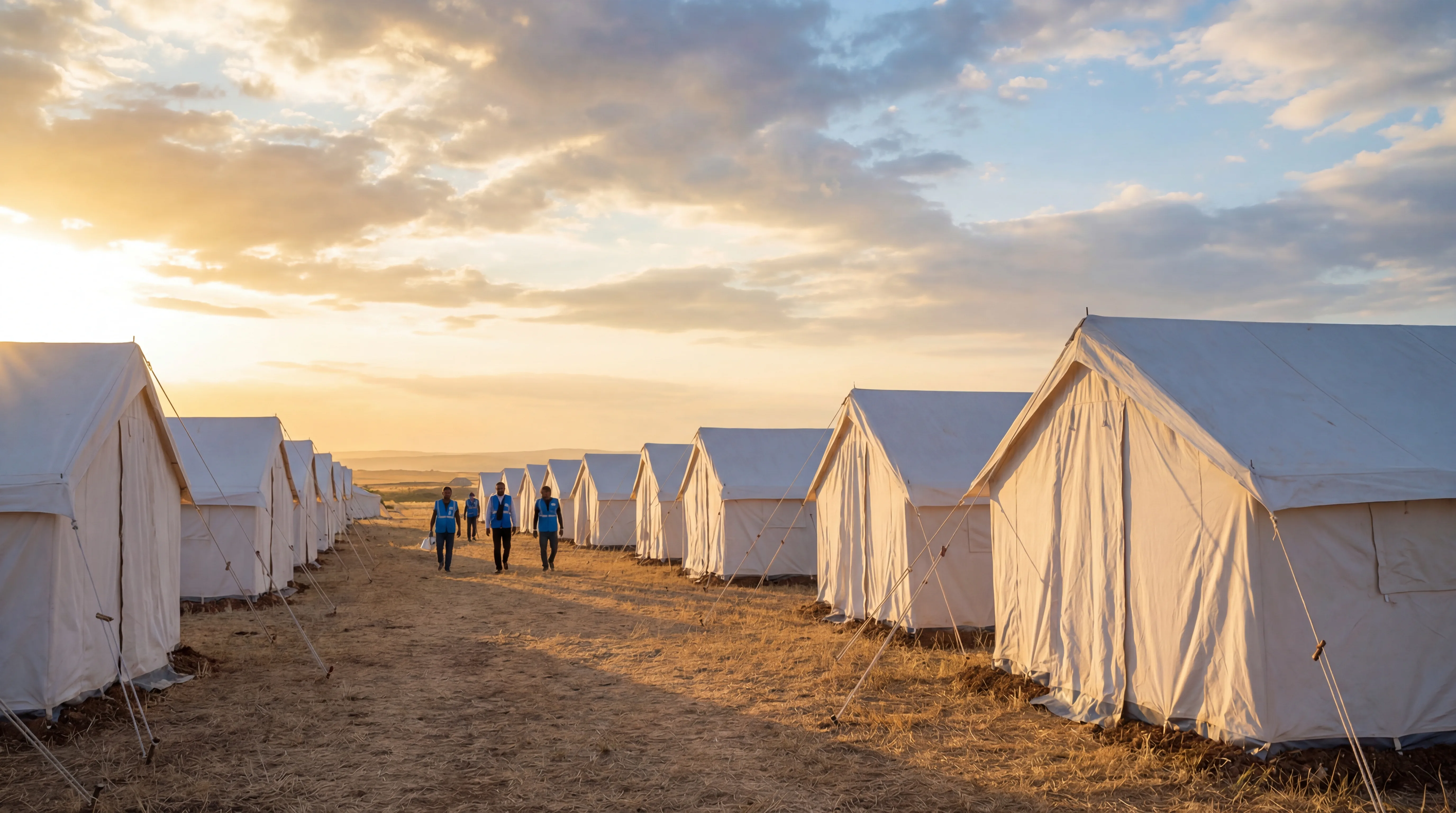 BNC emergency relief tents deployed in the field at golden hour