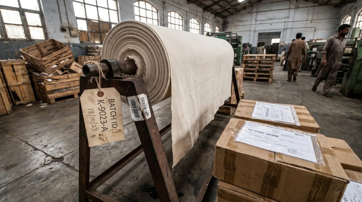 BNC fabric roll with batch-ID label and dispatch documentation — traceability artifacts from the Karachi factory