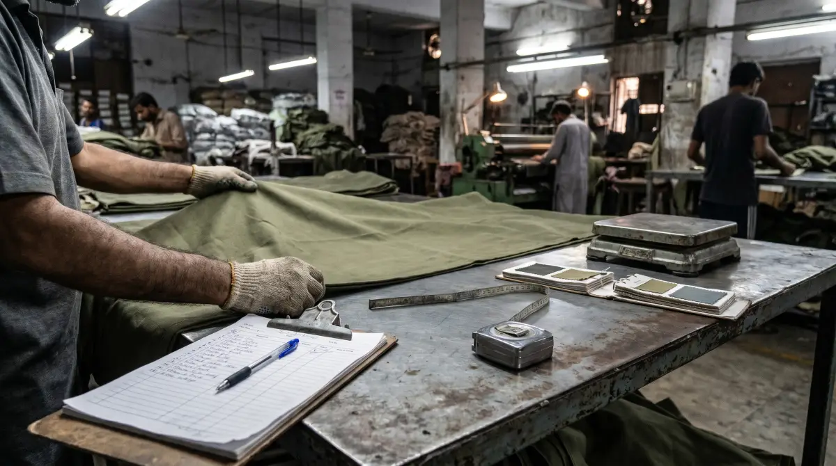 BNC QC inspector reviewing canvas fabric under work lights — quality-check checklist + sample swatches on a steel inspection table