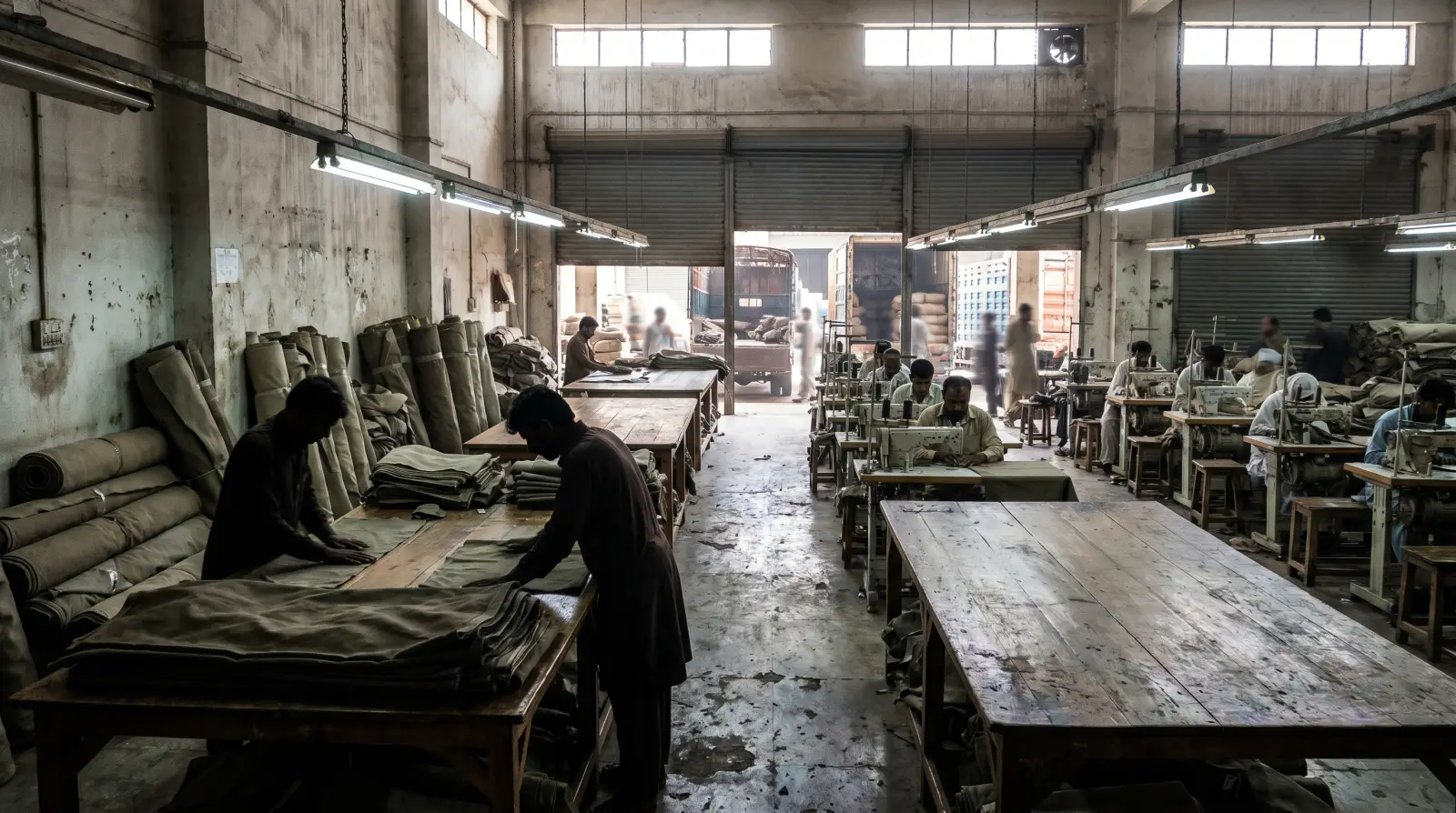 BNC factory floor overview — cutting tables, sewing line, and dispatch dock at the Karachi facility