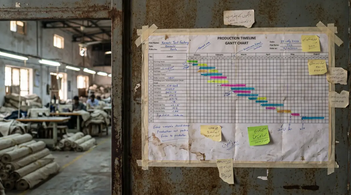 BNC production timeline calendar on the factory wall — PO-to-dispatch schedule with handwritten annotations