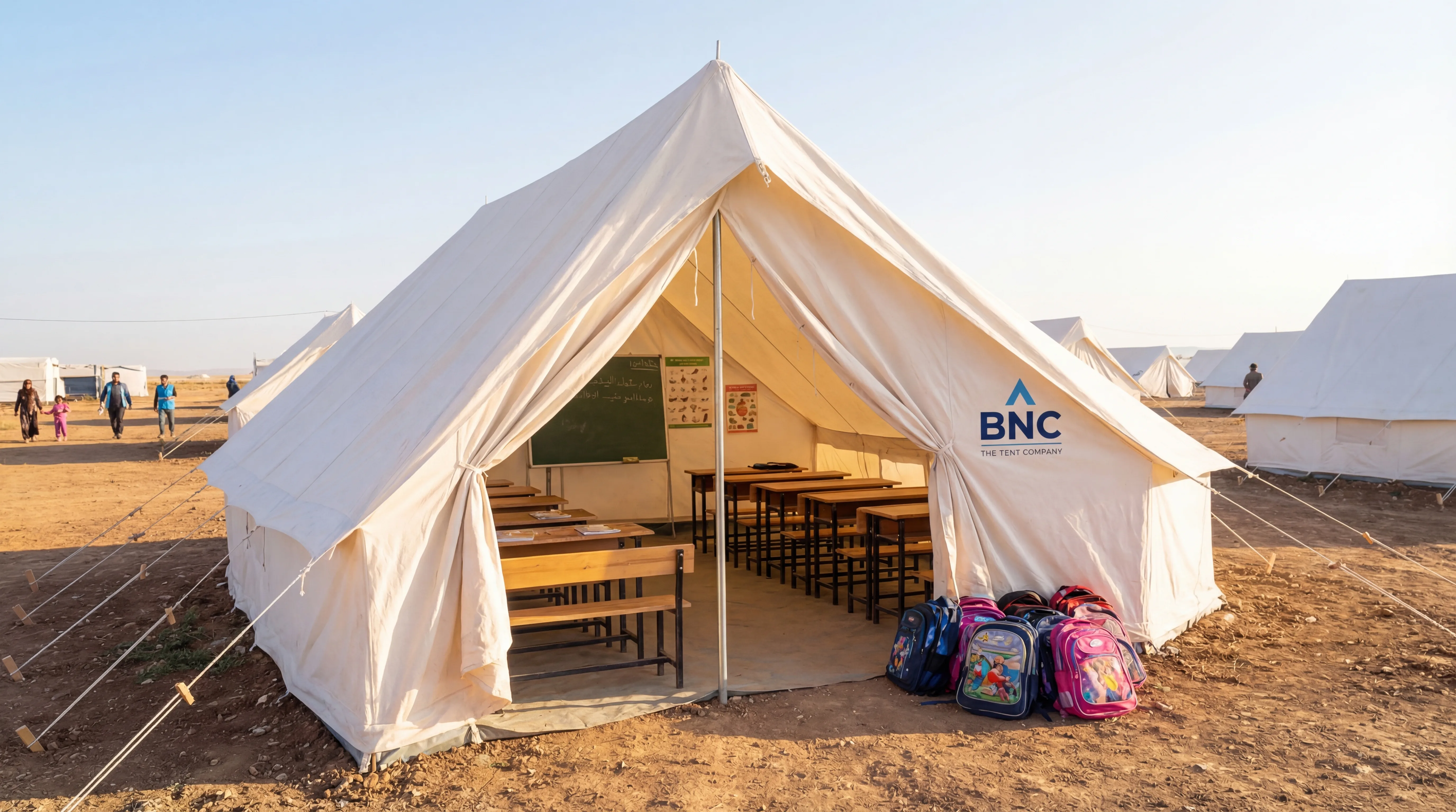 Temporary school classroom tent with desks for humanitarian education by BNC