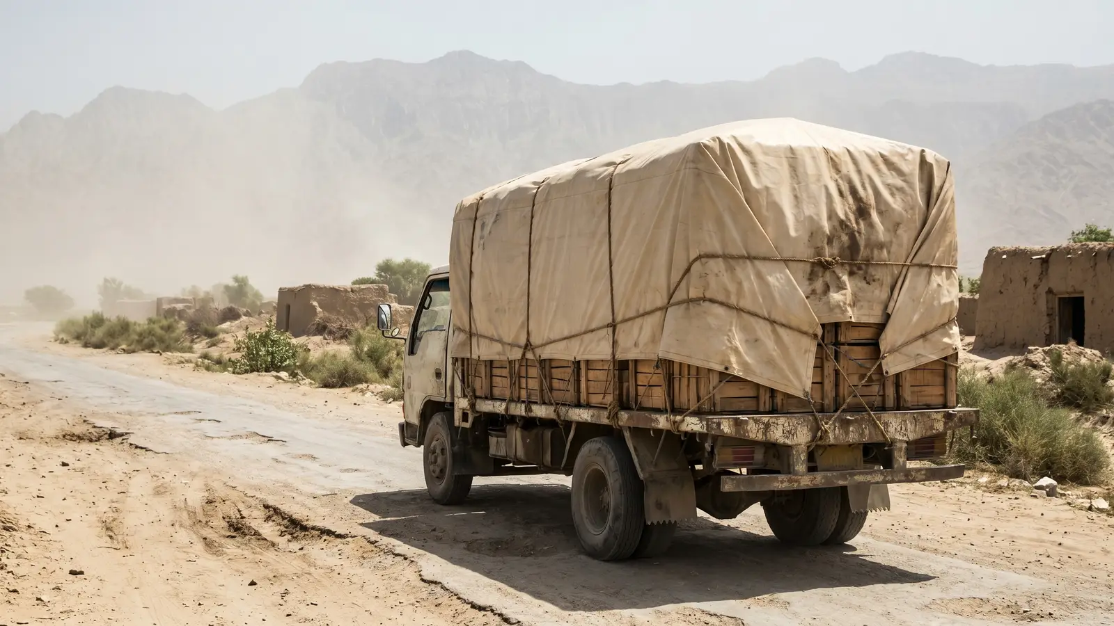 Light-duty 610 GSM PVC-coated polyester tarpaulin on a Pakistani highway flatbed truck — BNC fleet supply