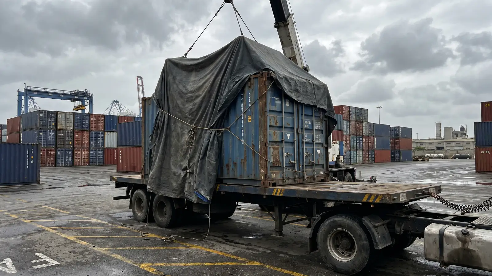 Medium-heavy 680 GSM PVC-coated polyester tarpaulin over a shipping container at port logistics yard — BNC long-haul fleet supply