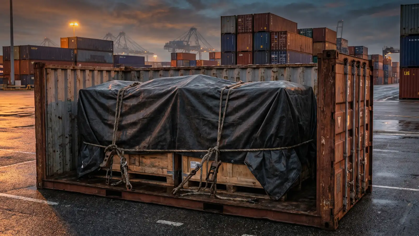 Heavy-duty 900 GSM industrial tarpaulin tied down over wooden crates in a maritime container yard — BNC heavy-haul fleet supply